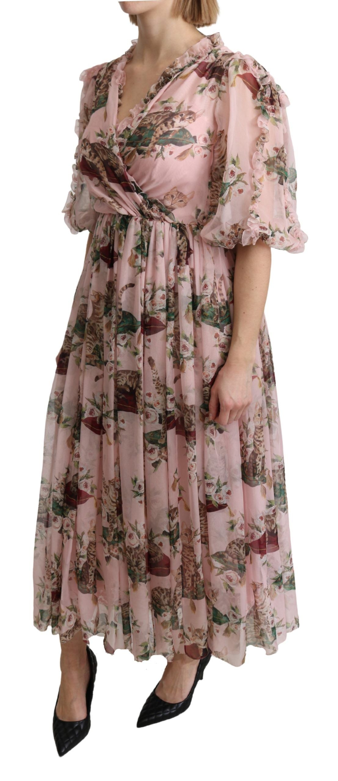 Buy Elegant Pink Bengal Cat Print A-Line Maxi Dress by Dolce & Gabbana