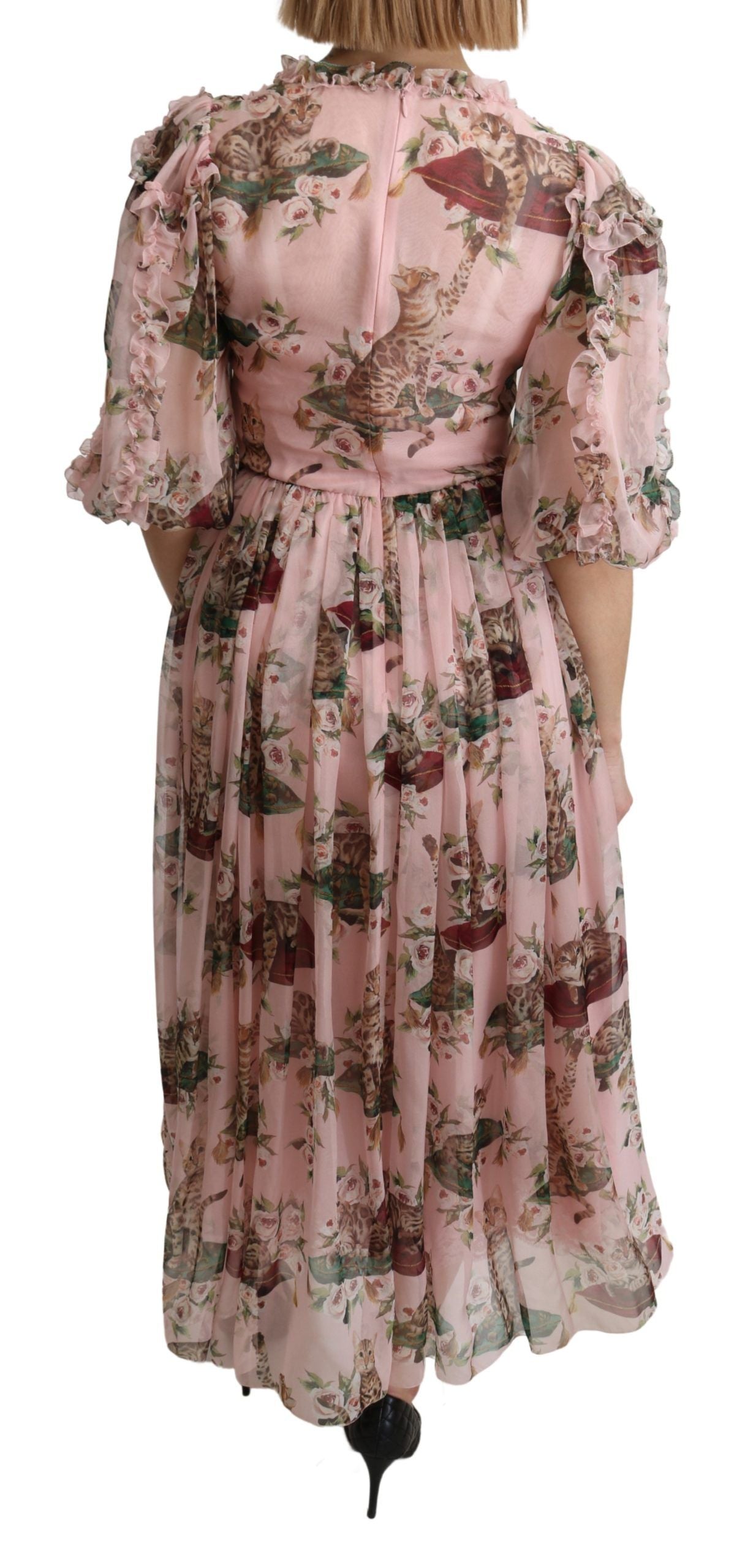 Buy Elegant Pink Bengal Cat Print A-Line Maxi Dress by Dolce & Gabbana