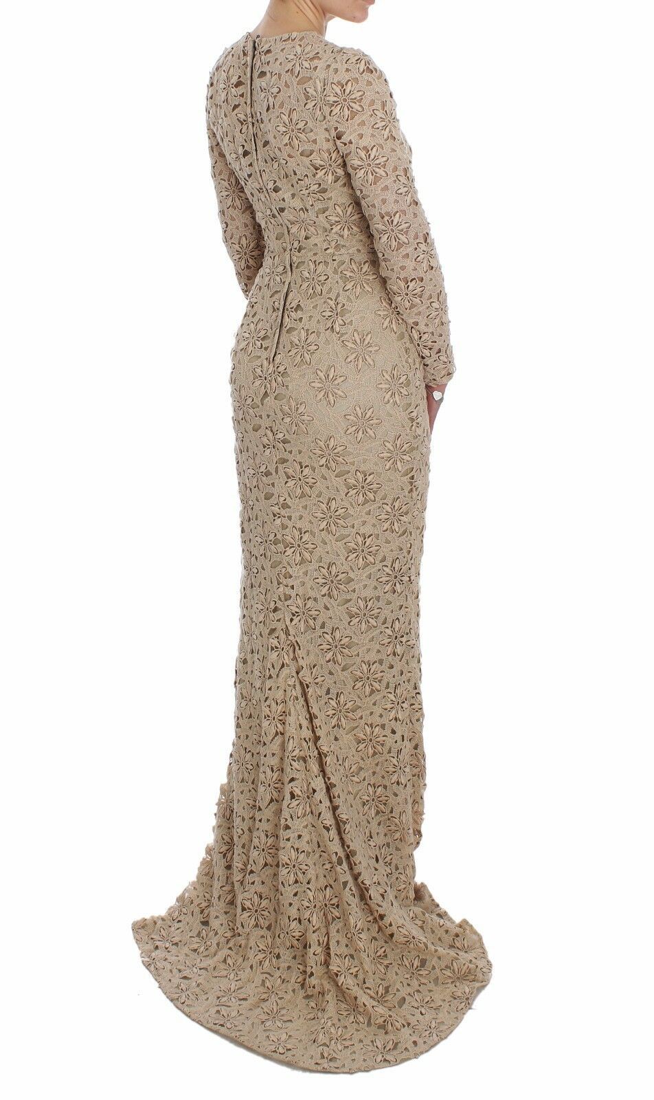 Buy Beige Floral Lace Long Sleeve Maxi Dress by Dolce & Gabbana