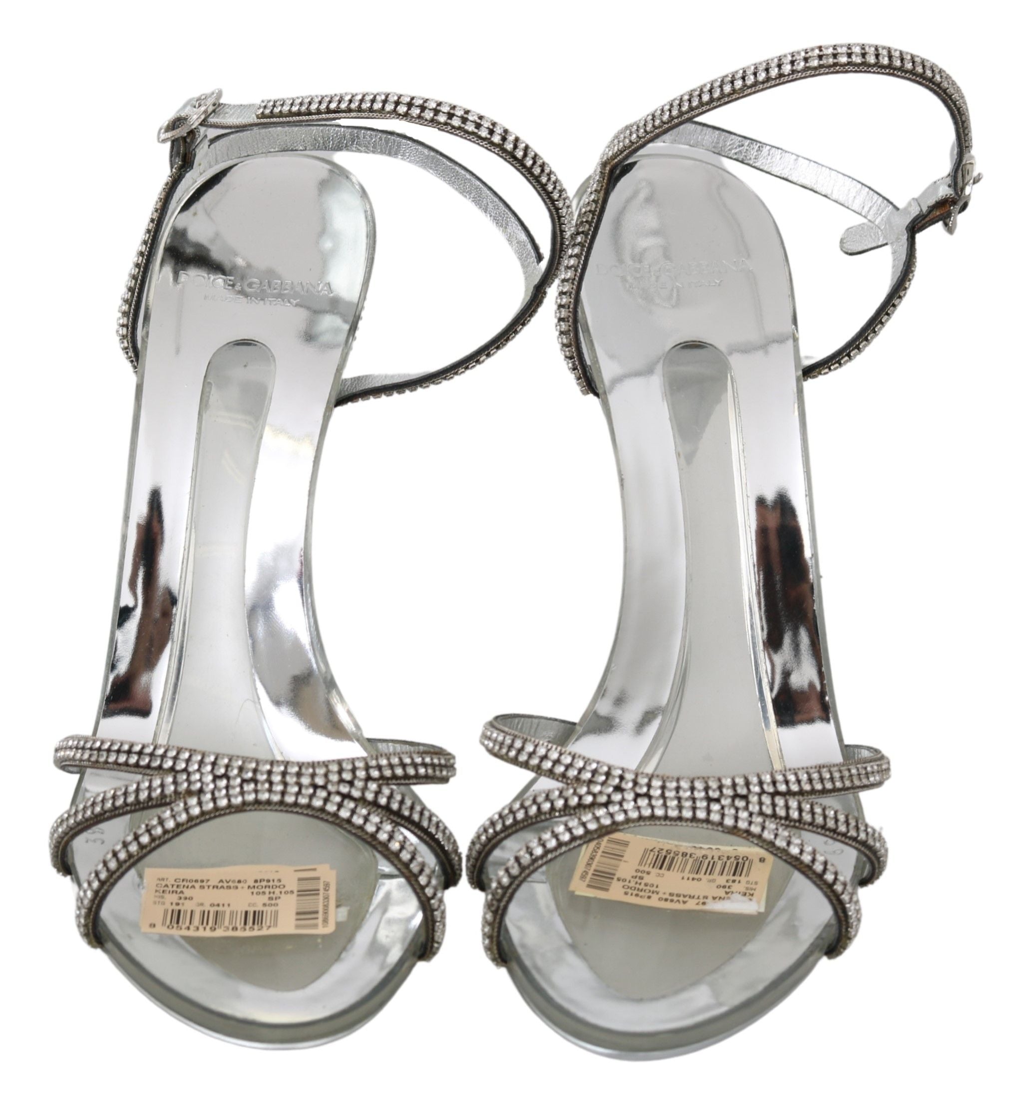 Buy Silver Leather Ankle Strap Sandals with Crystals by Dolce & Gabbana