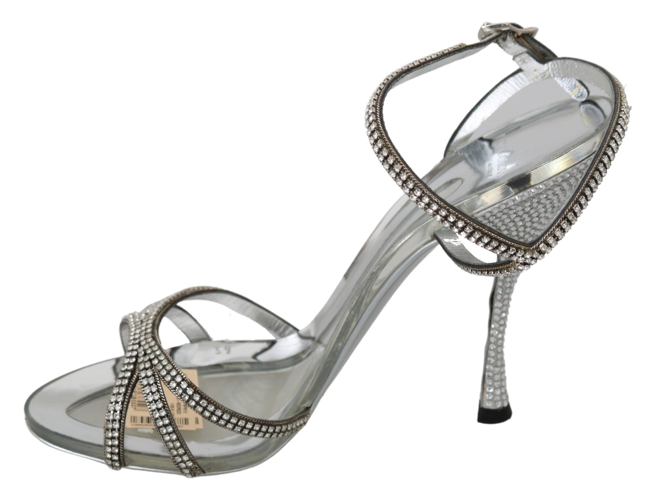 Buy Silver Leather Ankle Strap Sandals with Crystals by Dolce & Gabbana