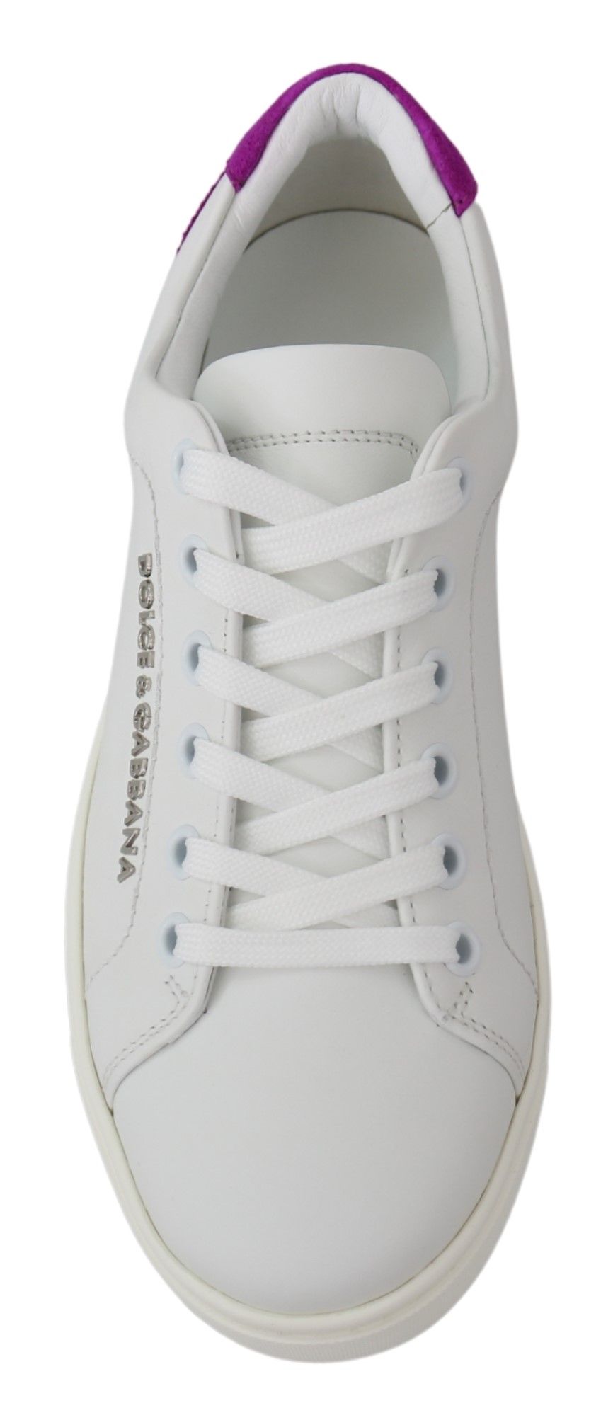 Buy Chic White Leather Sneakers with Purple Accents by Dolce & Gabbana