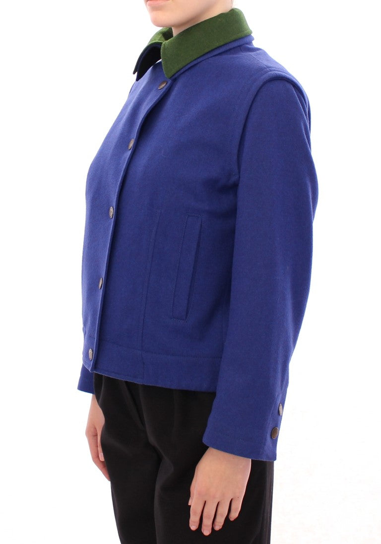 Elegant Blue Wool Jacket with Removable Collar