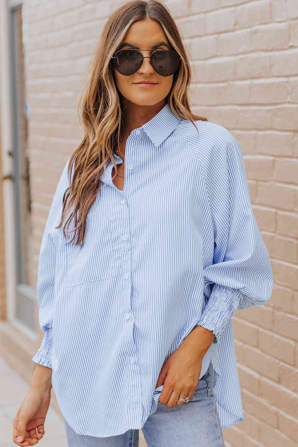 Buy Striped Lantern Sleeve Collared Shirt by SYNZ