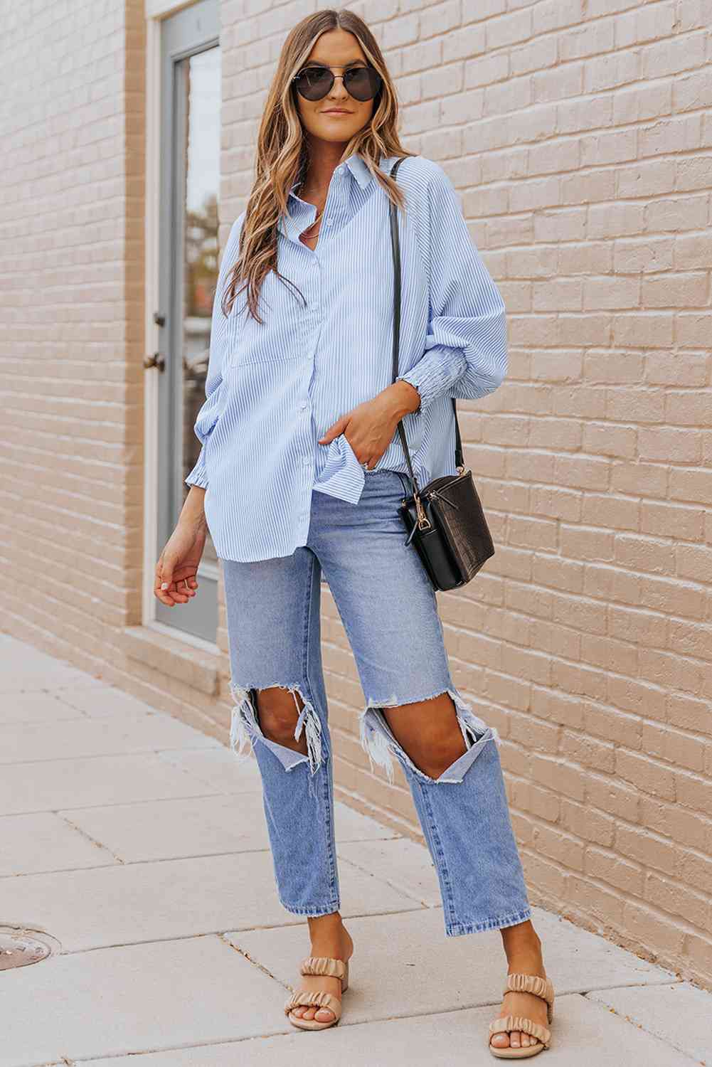 Buy Striped Lantern Sleeve Collared Shirt by SYNZ