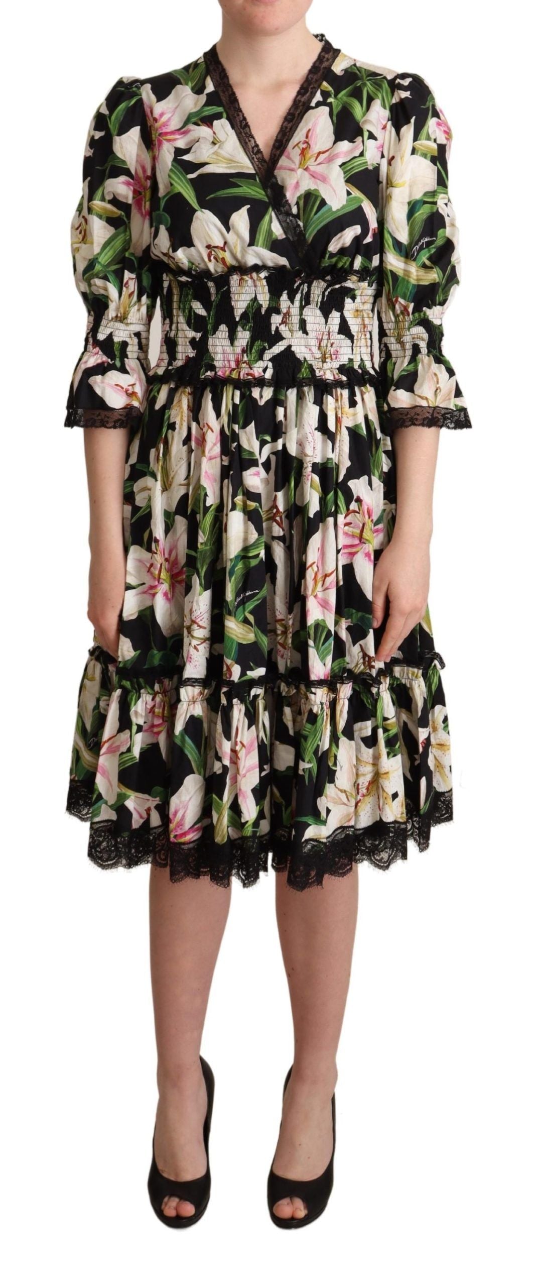 Buy Elegant Lily Print Midi Dress with Lace Trim by Dolce & Gabbana