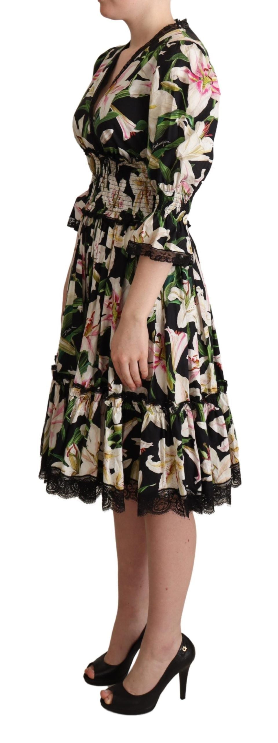 Buy Elegant Lily Print Midi Dress with Lace Trim by Dolce & Gabbana