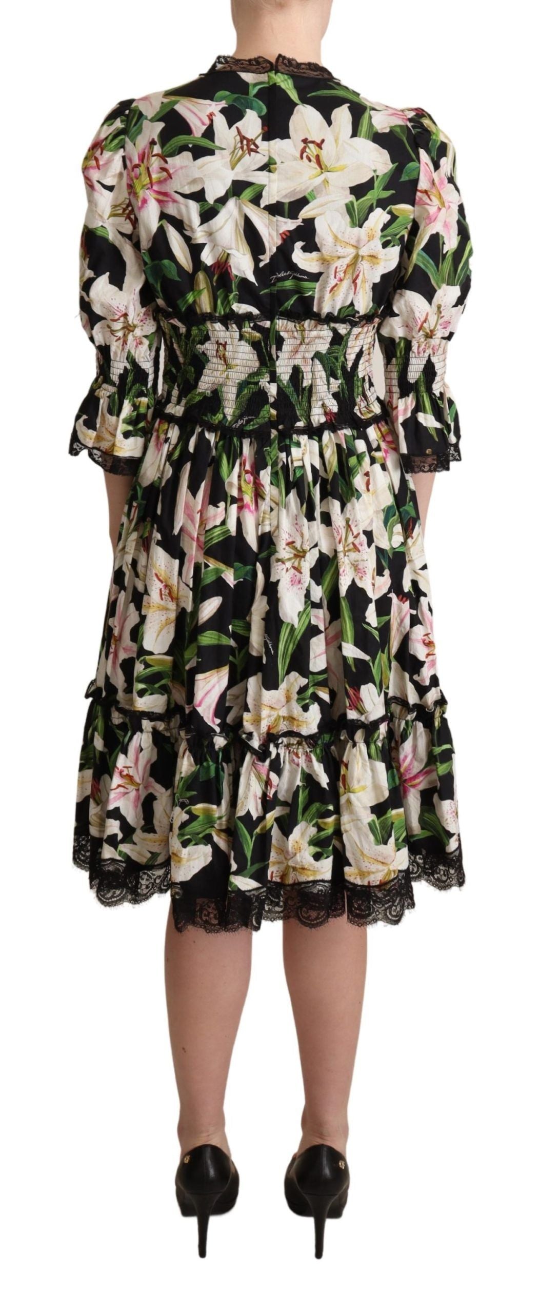 Buy Elegant Lily Print Midi Dress with Lace Trim by Dolce & Gabbana