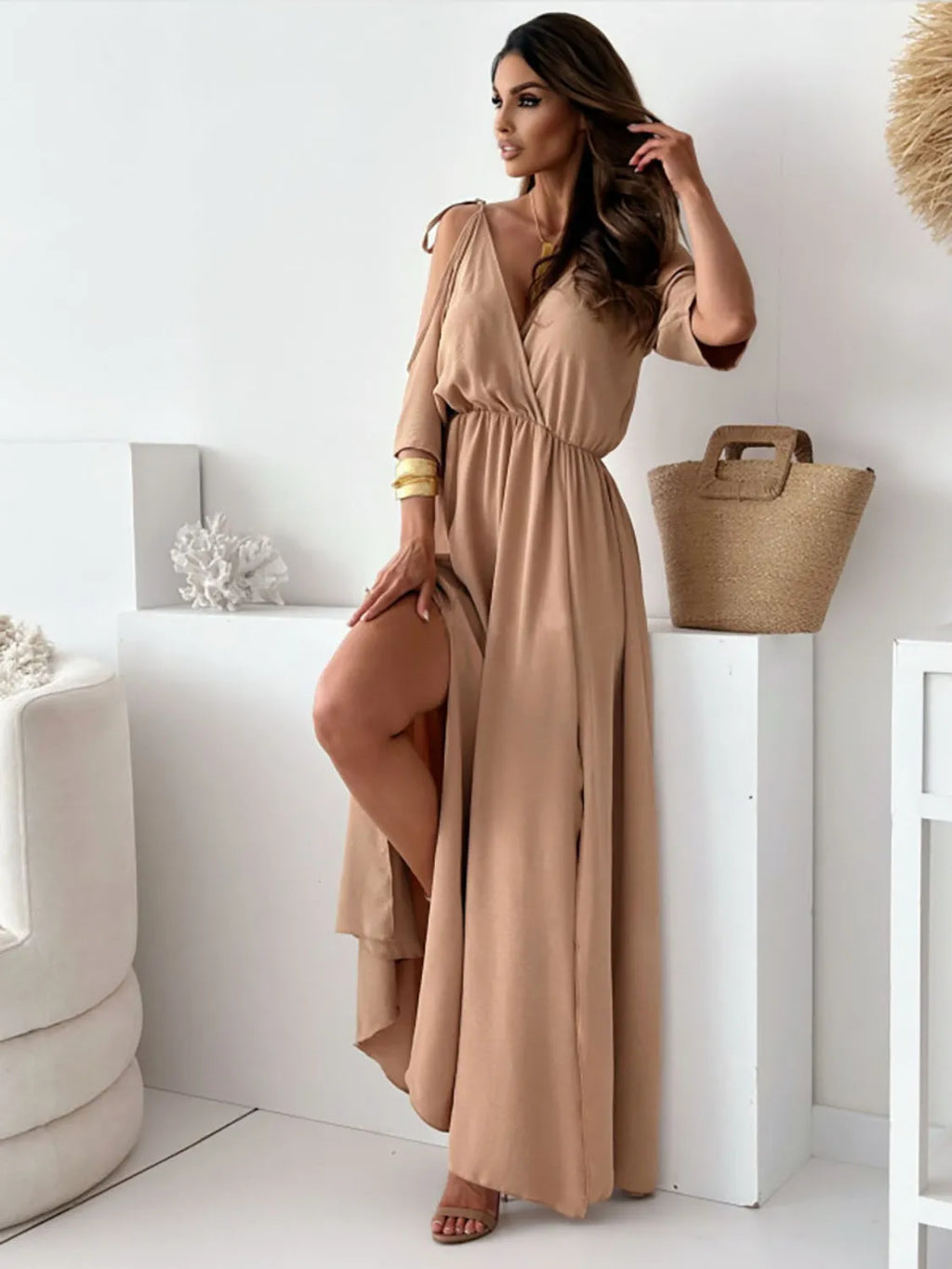 Buy Tied Shoulder Slit Maxi Dress by Faz