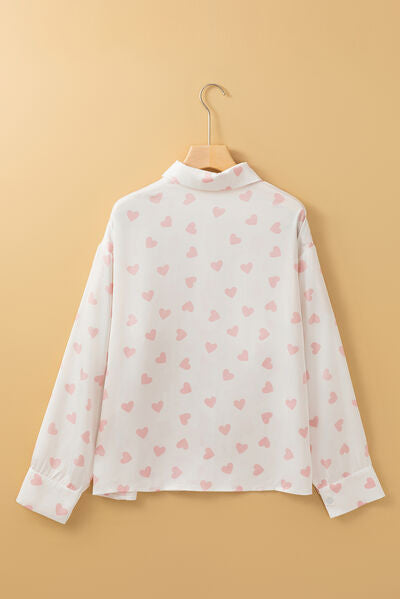 Buy Heart Print Collared Neck Long Sleeve Shirt by SYNZ