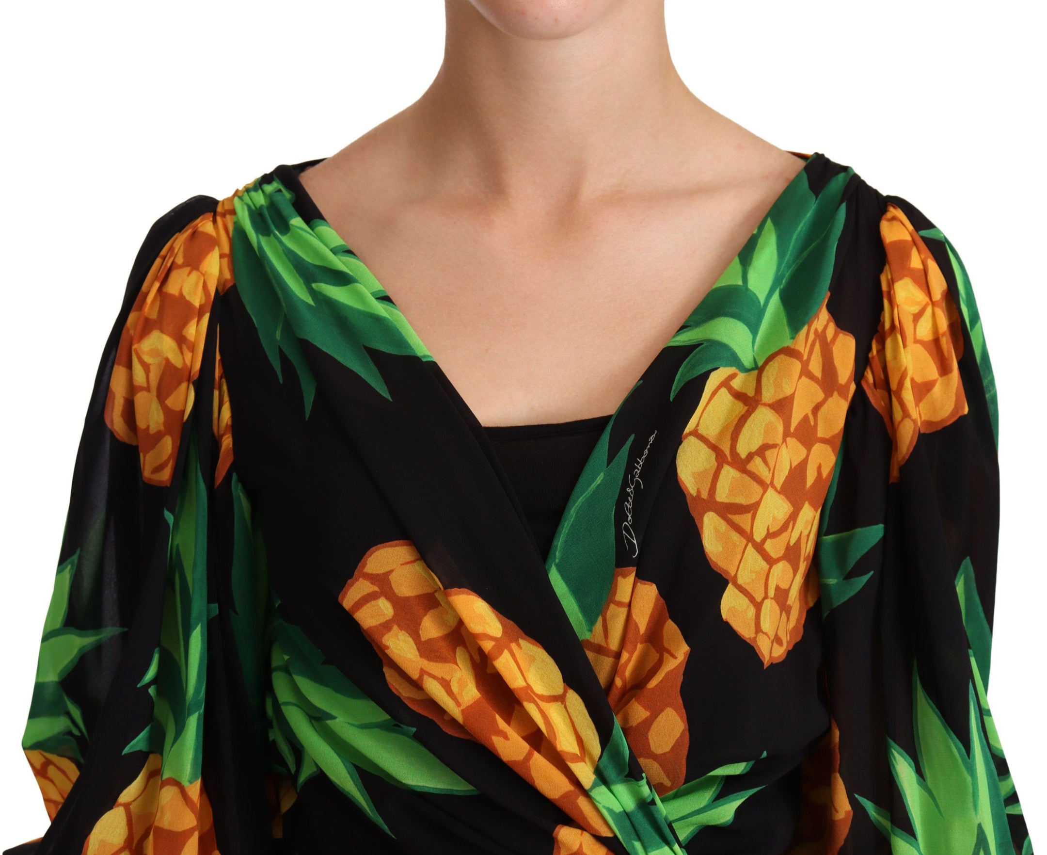 Buy Vibrant Pineapple Draped Wrap Dress by Dolce & Gabbana