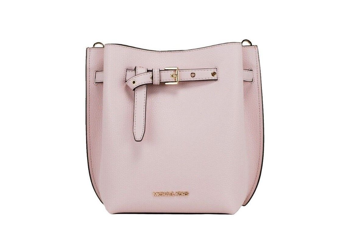 Buy Emilia Small Powder Blush Pebble Leather Bucket Messenger Handbag by Michael Kors