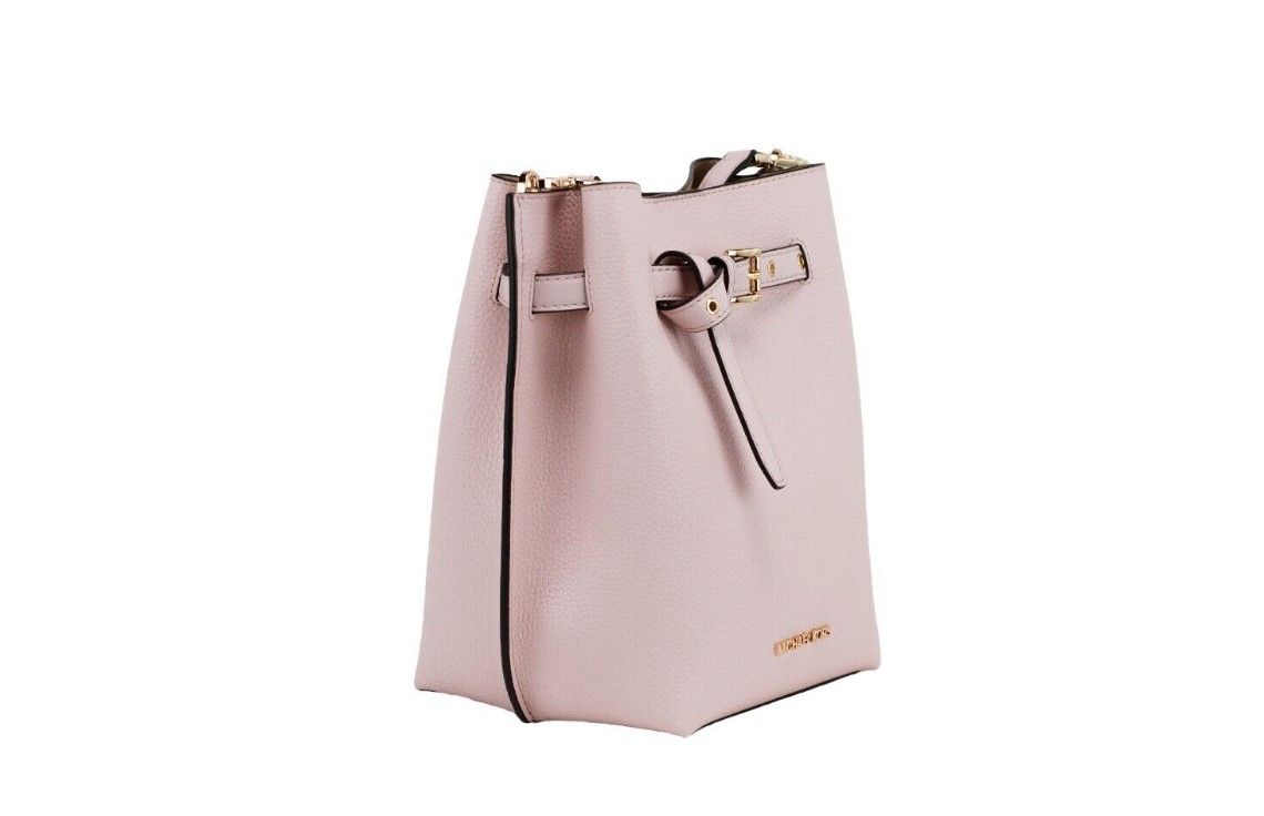 Buy Emilia Small Powder Blush Pebble Leather Bucket Messenger Handbag by Michael Kors