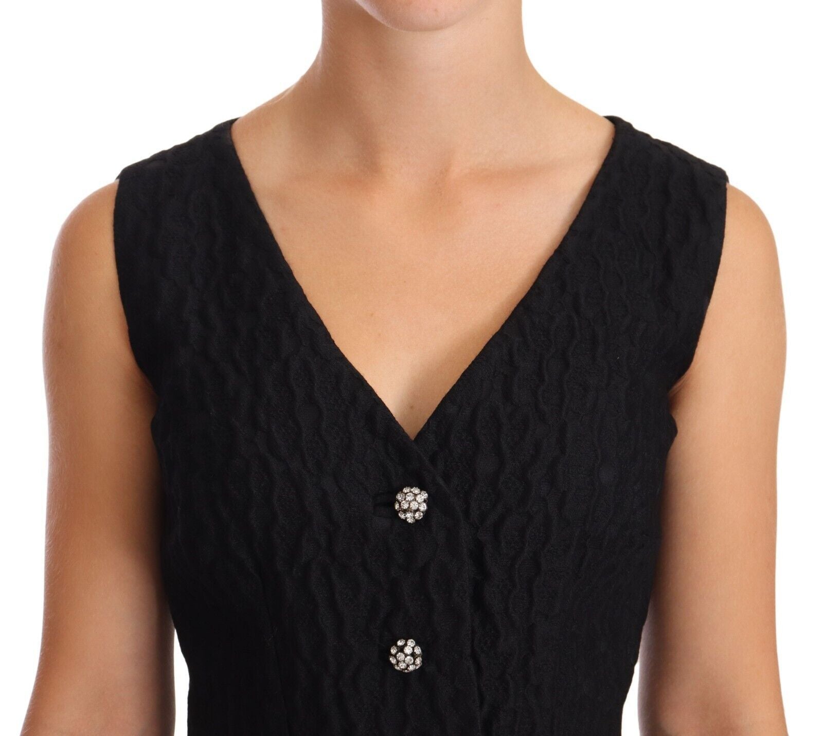 Buy Elegant Black Sheath Mini Dress with Crystal Buttons by Dolce & Gabbana