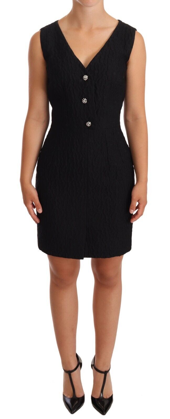 Buy Elegant Black Sheath Mini Dress with Crystal Buttons by Dolce & Gabbana