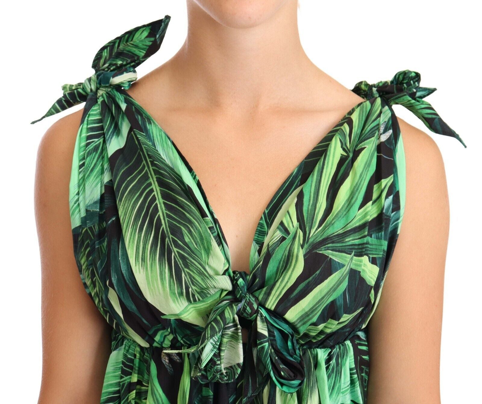 Buy Elegant Flared Mini A-Line Dress in Green Leaf Print by Dolce & Gabbana