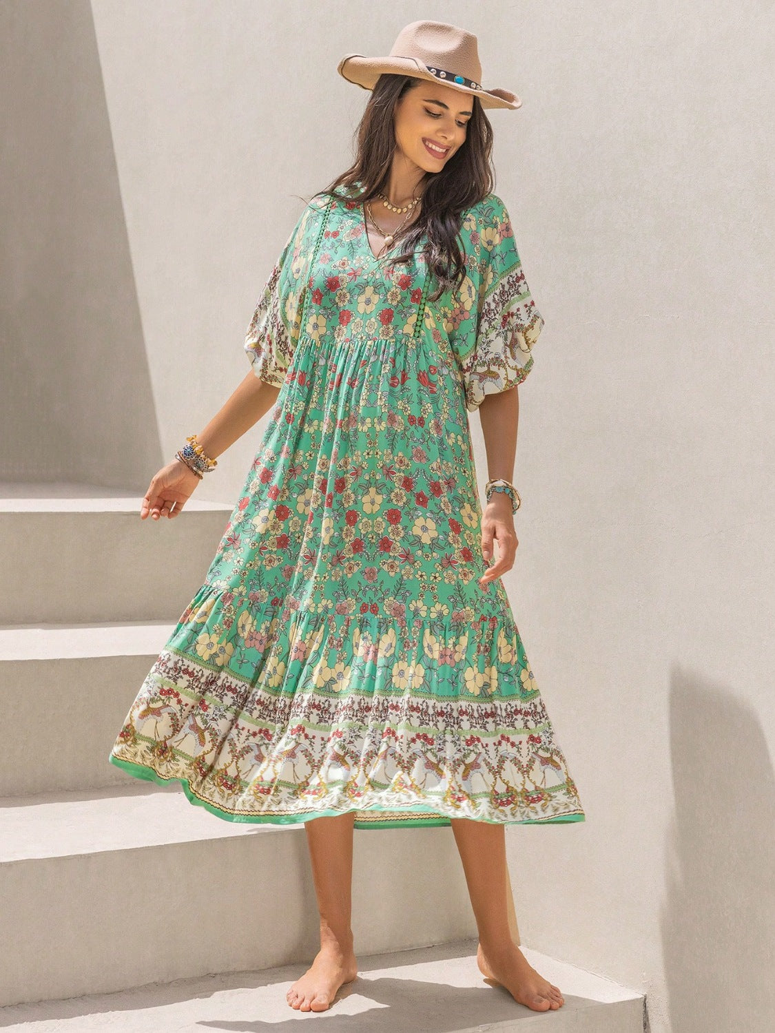 Buy Ruched Printed Puff Sleeve Midi Dress by Faz