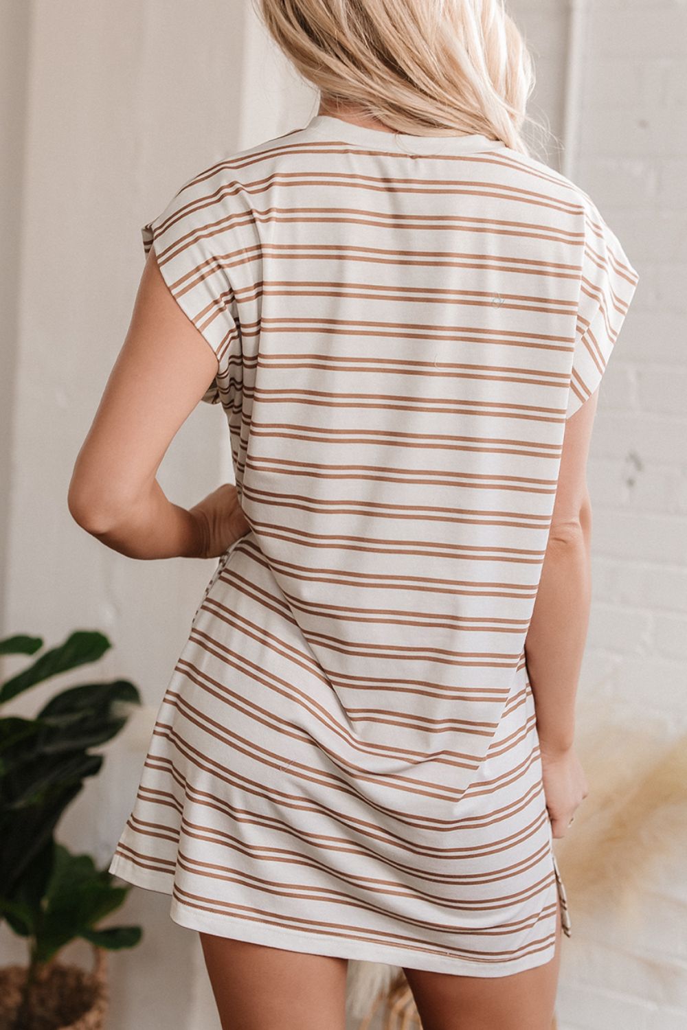 Buy Stripe Round Neck Sleeveless Pocketed Mini Dress by Faz