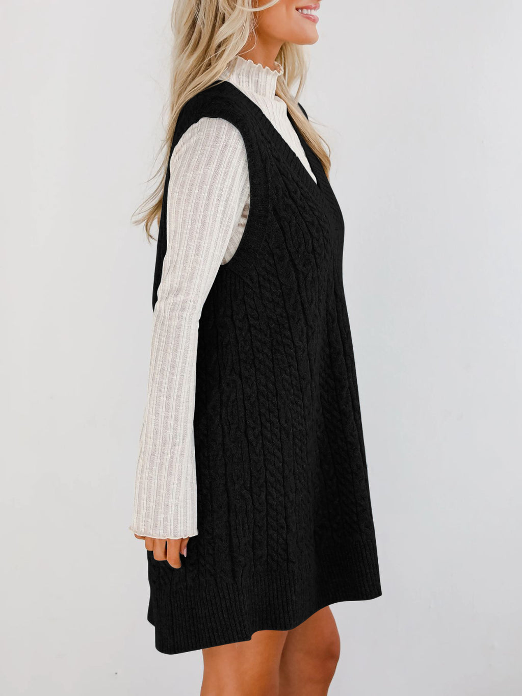 Buy Cable Knit V-Neck Mini Sweater Overall Dress by Faz