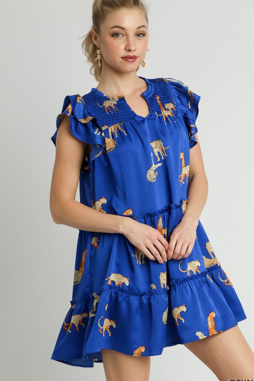 Full Size Cheetah Print Notched Ruffle Layered Cap Sleeve Mini Dress Plus Size