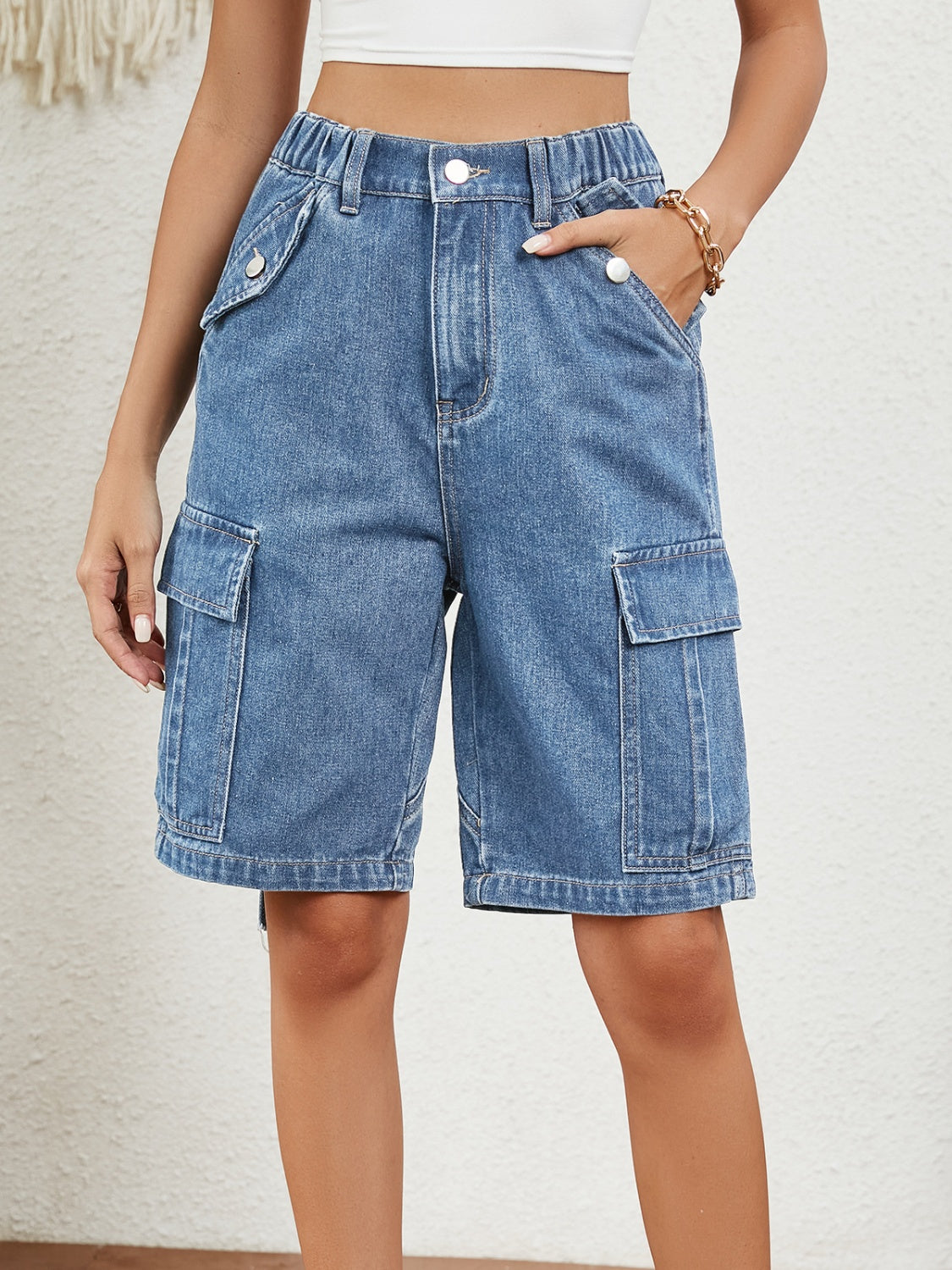 Buy High Waist Denim Shorts with Pockets by Faz