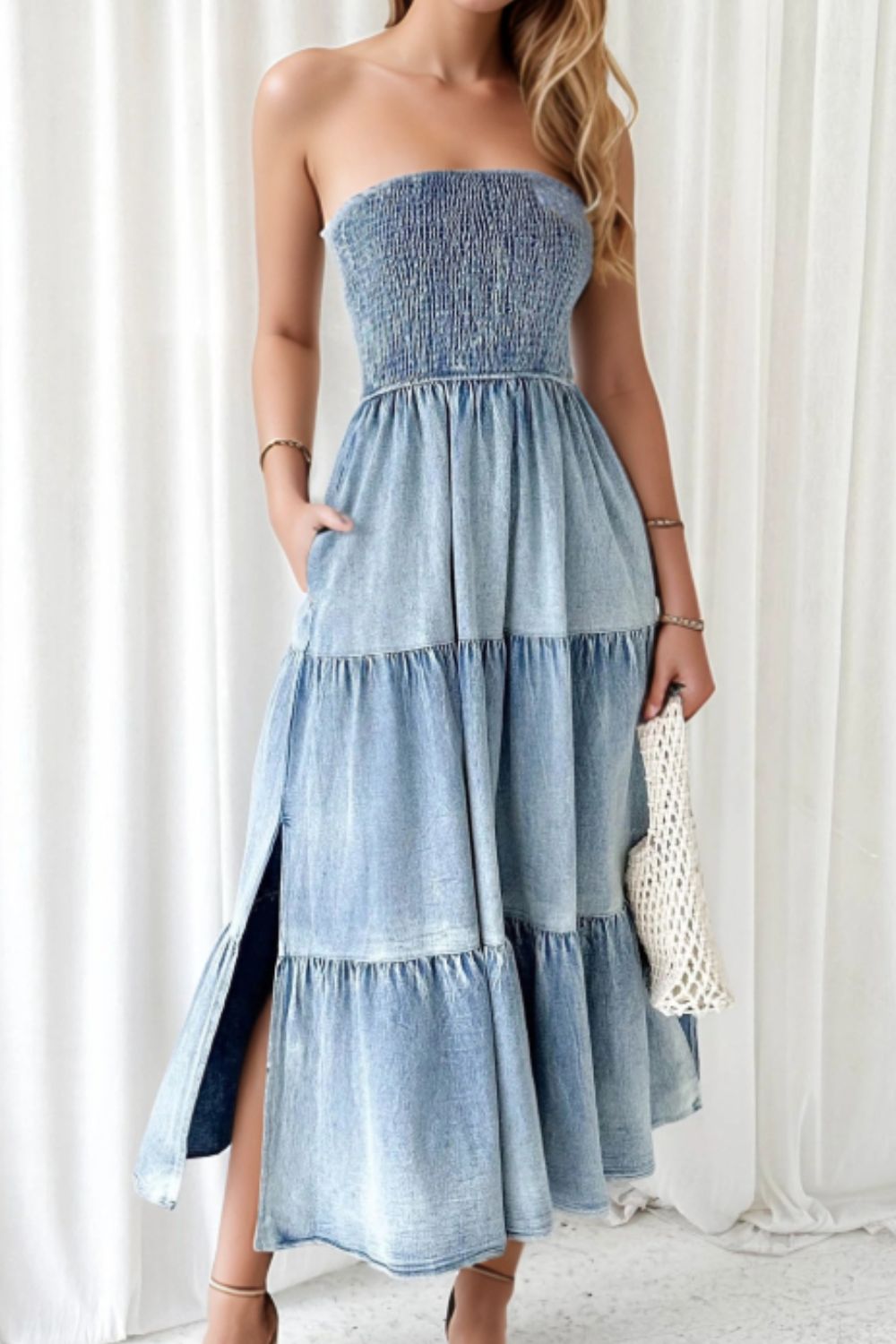 Buy Smocked Tube Slit Tiered Denim Dress by Faz