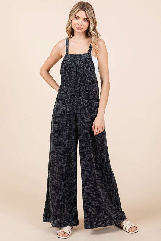 Textured Wide Leg Overalls