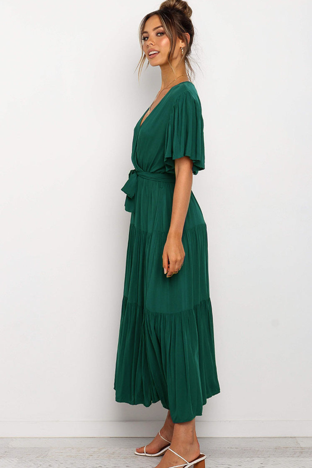 Buy Front Tie Short Sleeve Tiered Midi Dress by Faz