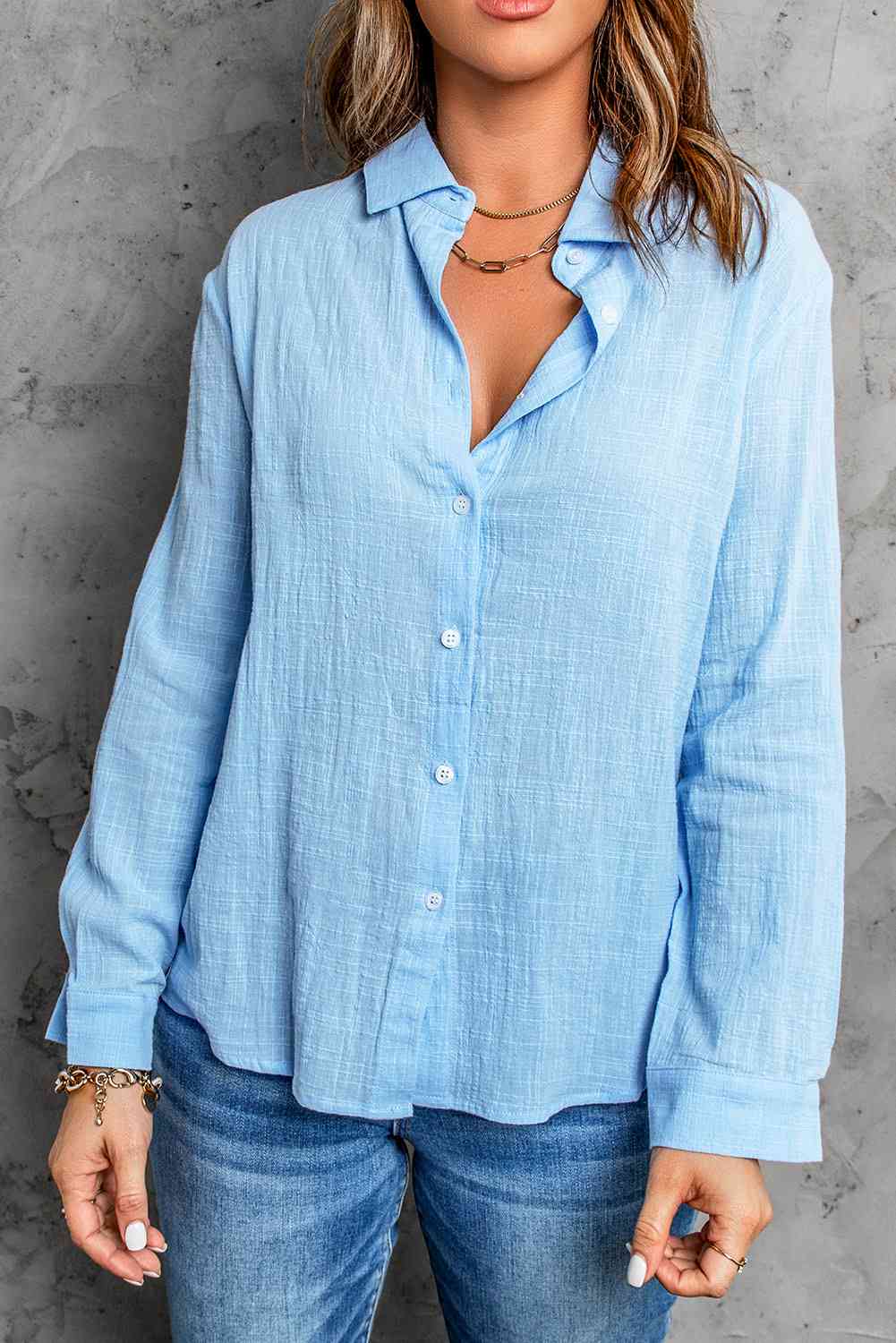 Buy Textured Button Front Curved Hem Shirt by SYNZ