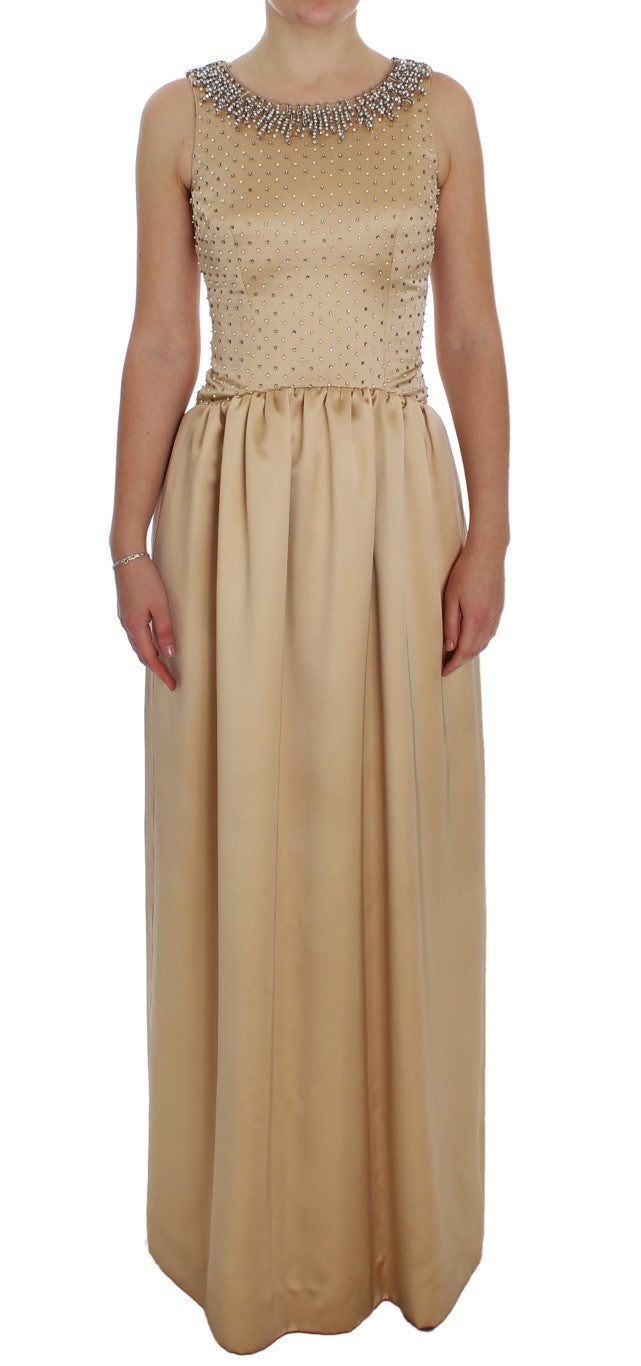 Beige Crystal Embellished Full Length Dress