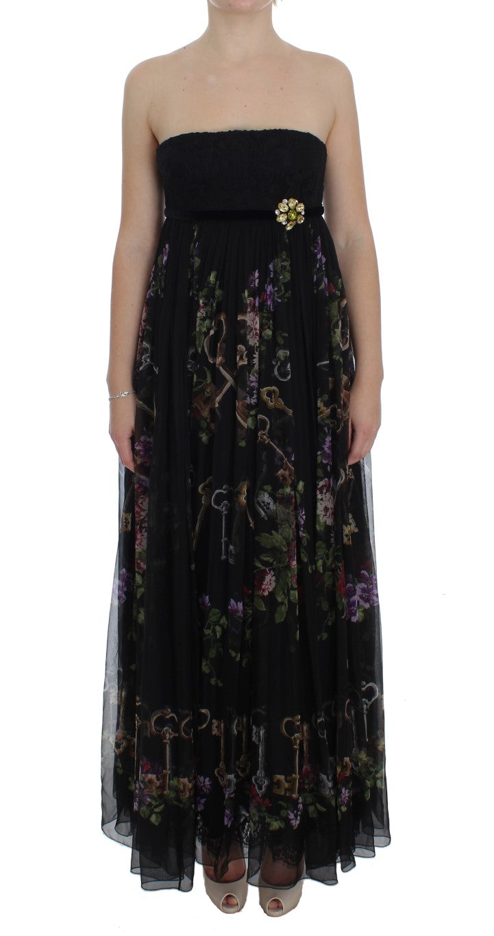 Buy Multicolor Rose & Key Print Maxi Dress with Crystal by Dolce & Gabbana