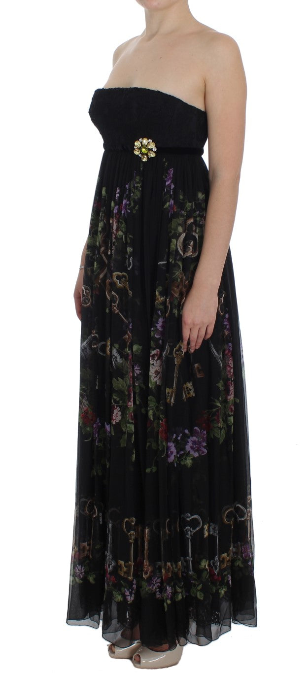 Buy Multicolor Rose & Key Print Maxi Dress with Crystal by Dolce & Gabbana