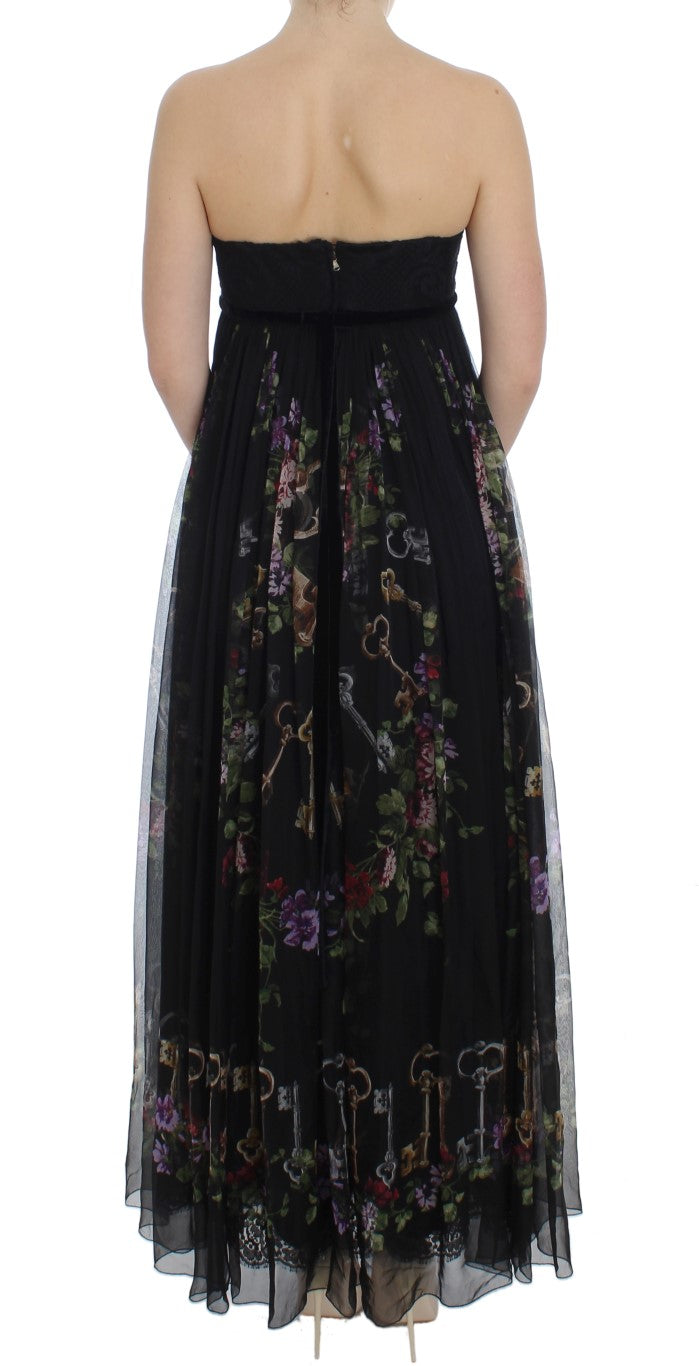 Buy Multicolor Rose & Key Print Maxi Dress with Crystal by Dolce & Gabbana