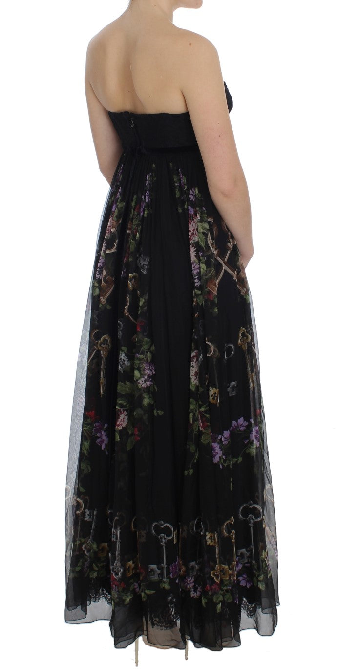 Buy Multicolor Rose & Key Print Maxi Dress with Crystal by Dolce & Gabbana