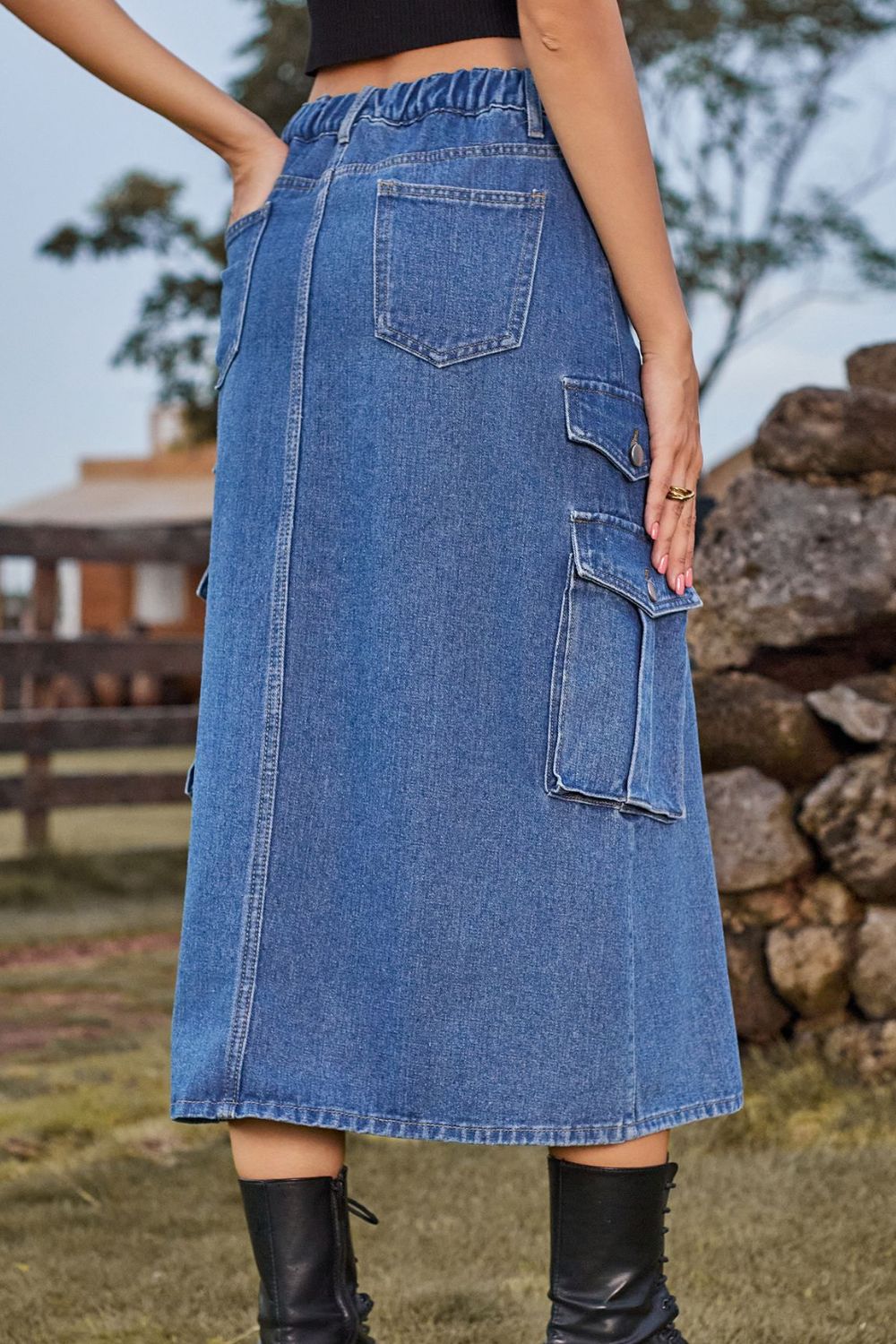 Buy Slit Front Midi Denim Skirt with Pockets by Faz