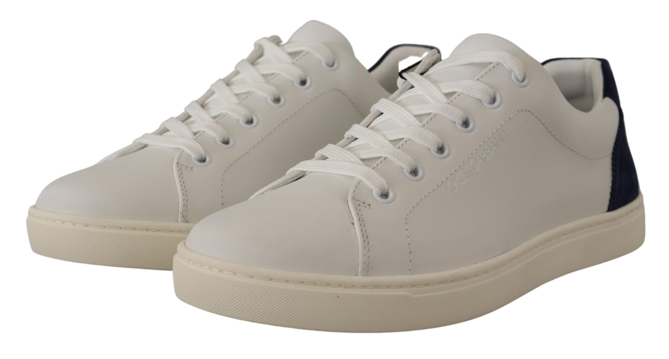 Buy Elegant White and Blue Low-Top Leather Sneakers by Dolce & Gabbana