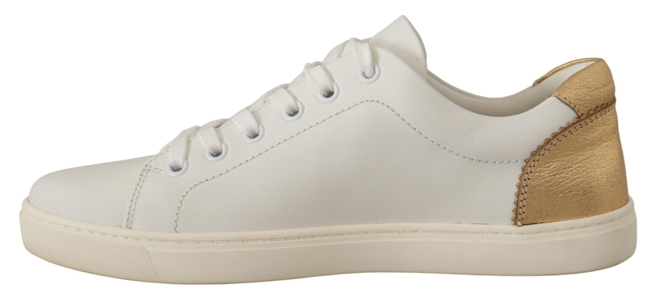 Buy Elegant White Leather Sneakers with Gold Accents by Dolce & Gabbana