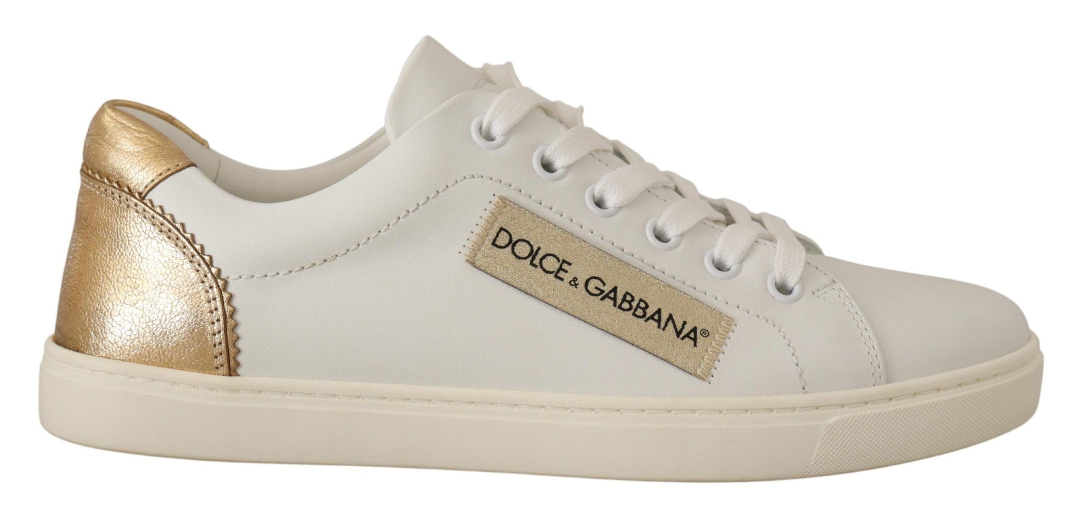 Buy Elegant White Leather Sneakers with Gold Accents by Dolce & Gabbana