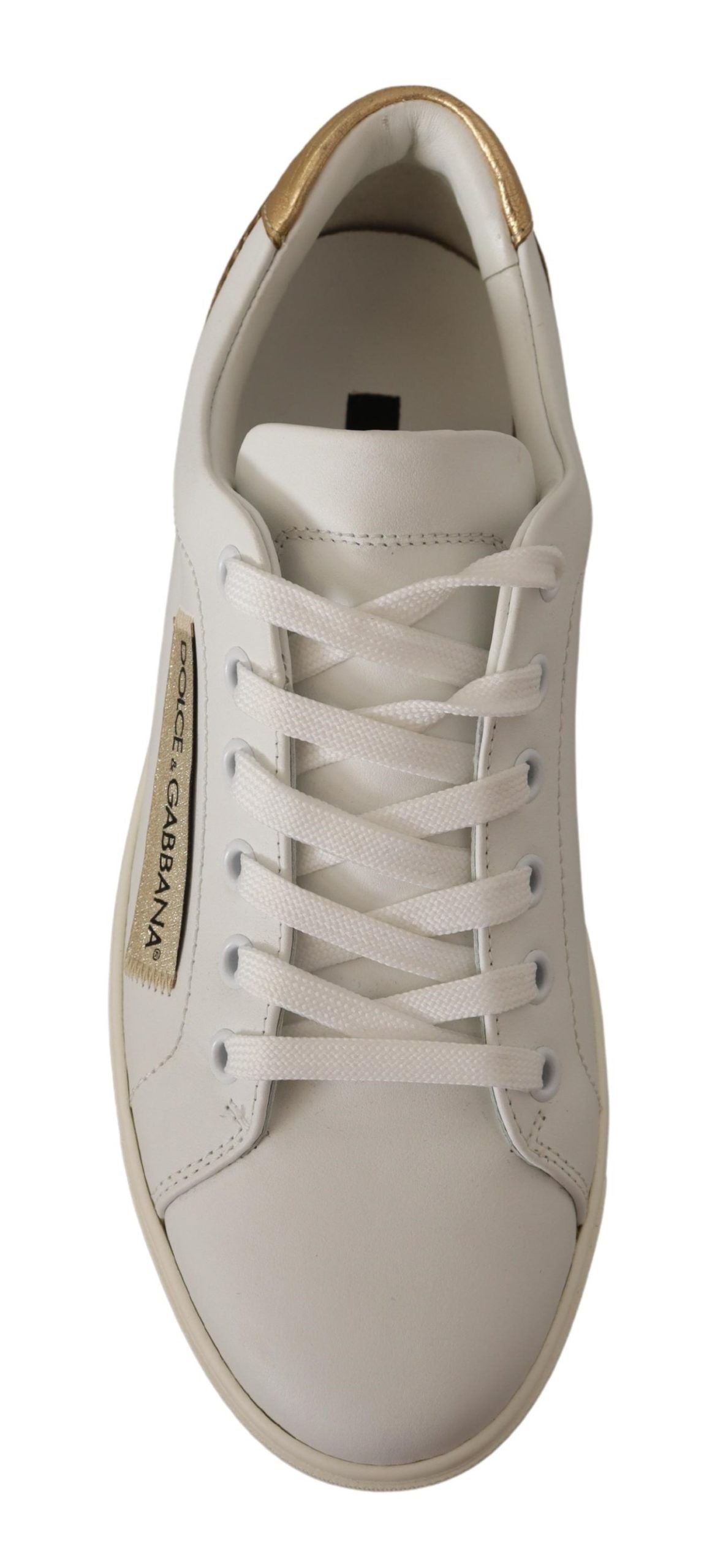 Buy Elegant White Leather Sneakers with Gold Accents by Dolce & Gabbana