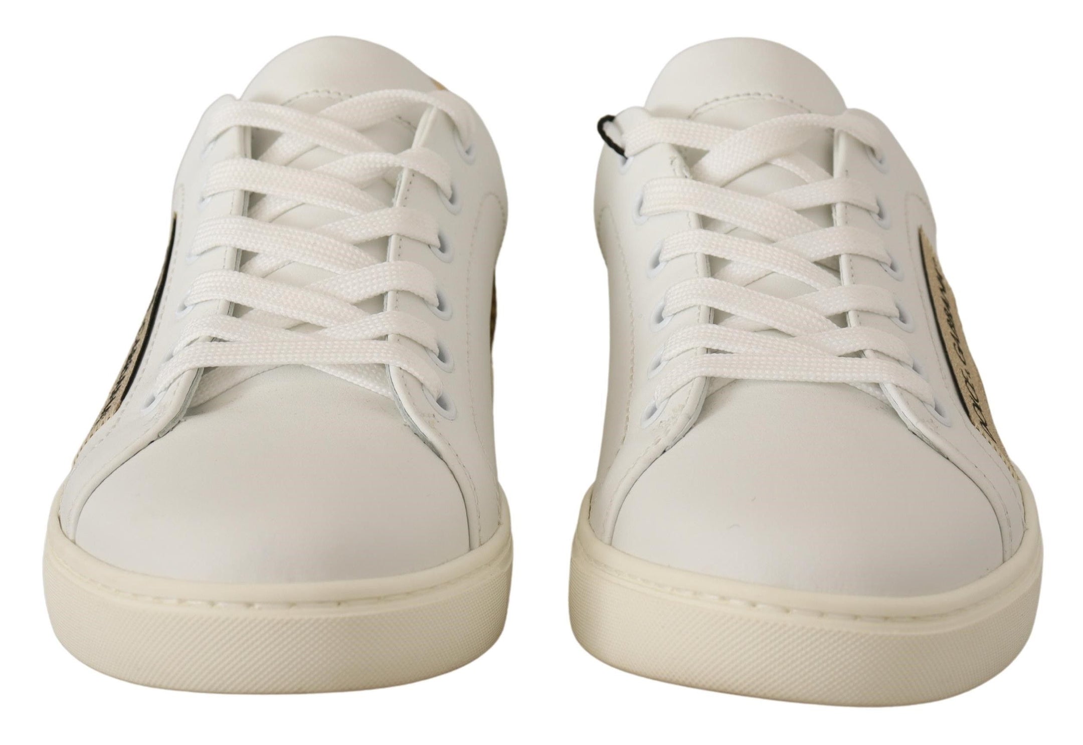 Buy Elegant White Leather Sneakers with Gold Accents by Dolce & Gabbana