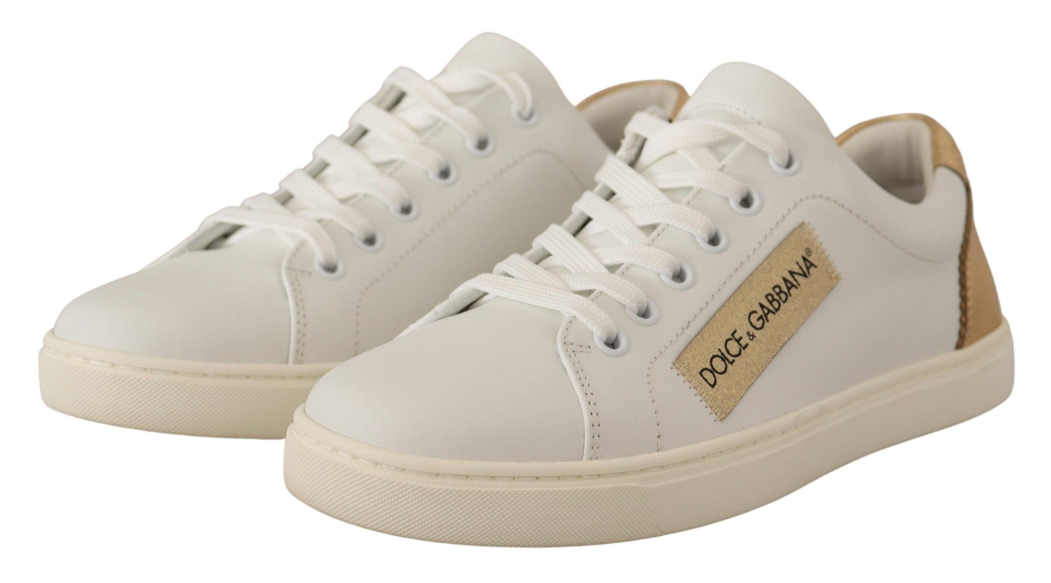 Buy Elegant White Leather Sneakers with Gold Accents by Dolce & Gabbana