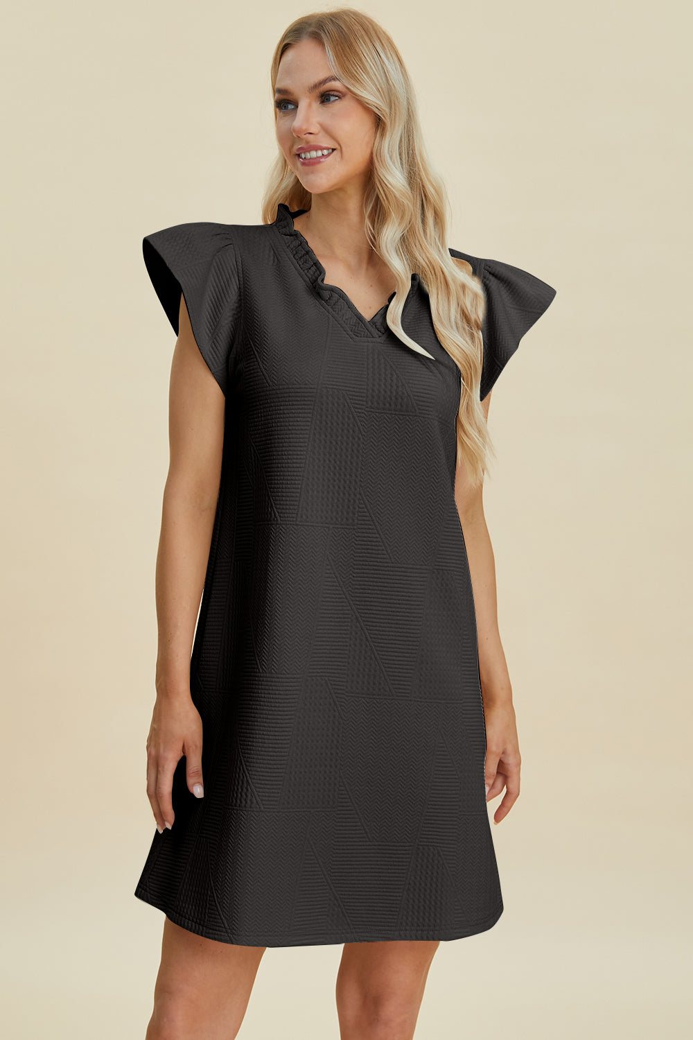 Buy Full Size Ruffled V-Neck Cap Sleeve Dress by Faz