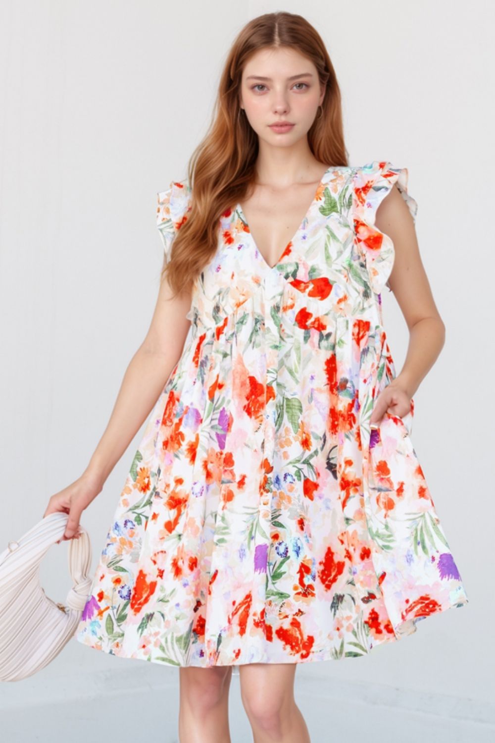 Floral Double Ruffle Sleeve V Neck Mini Dress
