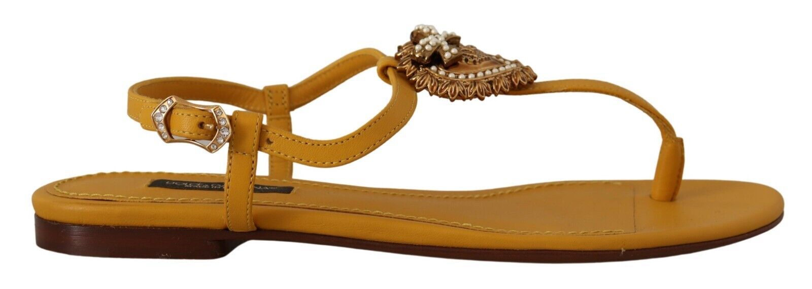 Buy Mustard T-Strap Flat Sandals with Heart Embellishment by Dolce & Gabbana