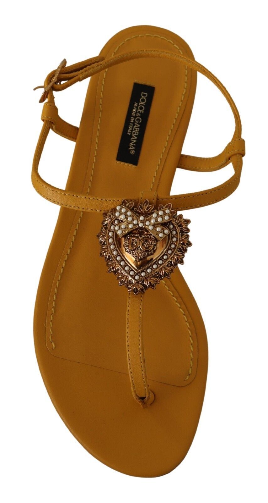 Buy Mustard T-Strap Flat Sandals with Heart Embellishment by Dolce & Gabbana