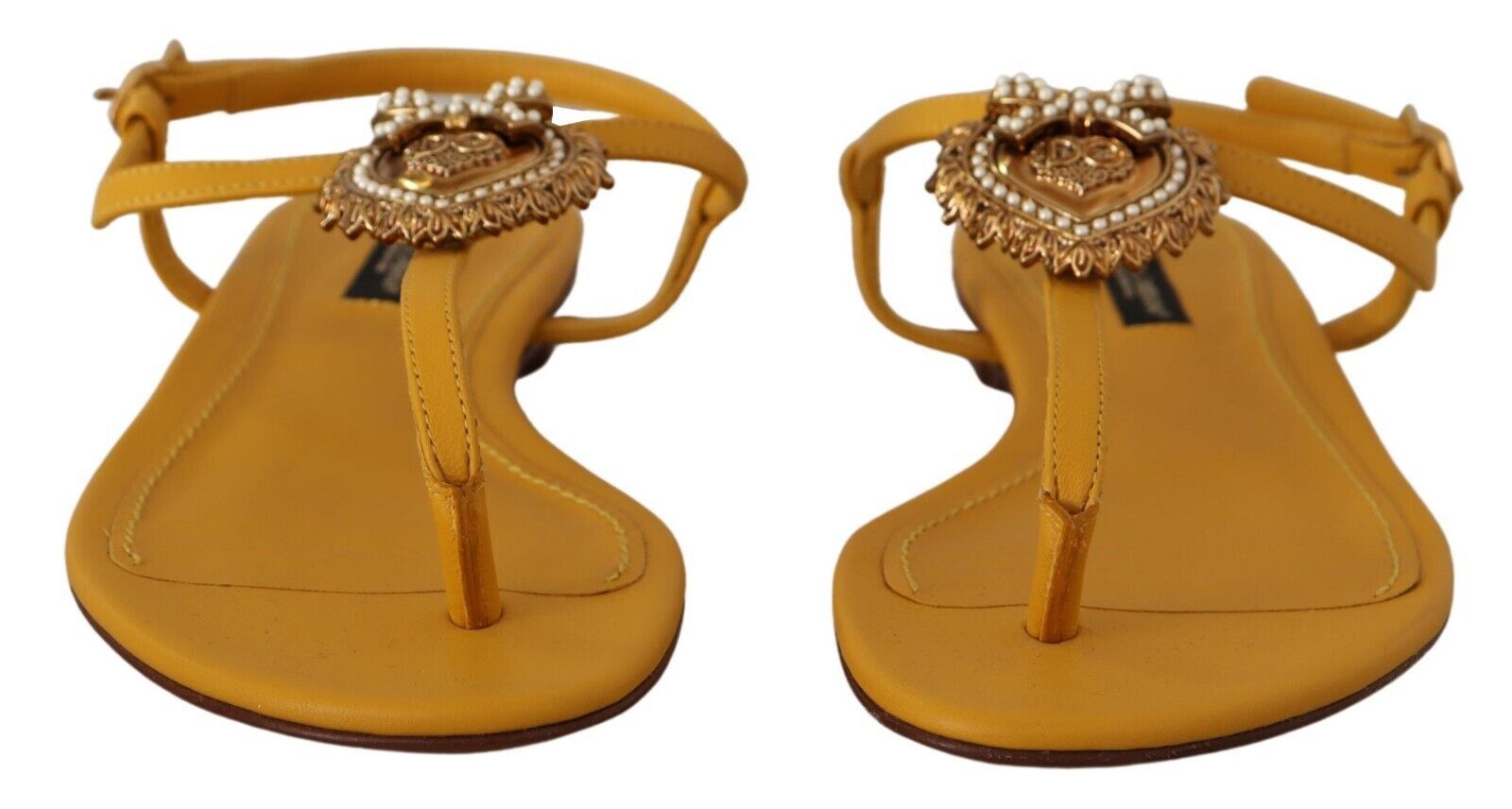 Buy Mustard T-Strap Flat Sandals with Heart Embellishment by Dolce & Gabbana