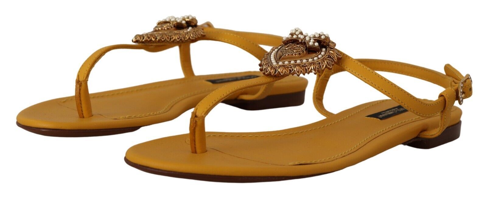 Buy Mustard T-Strap Flat Sandals with Heart Embellishment by Dolce & Gabbana