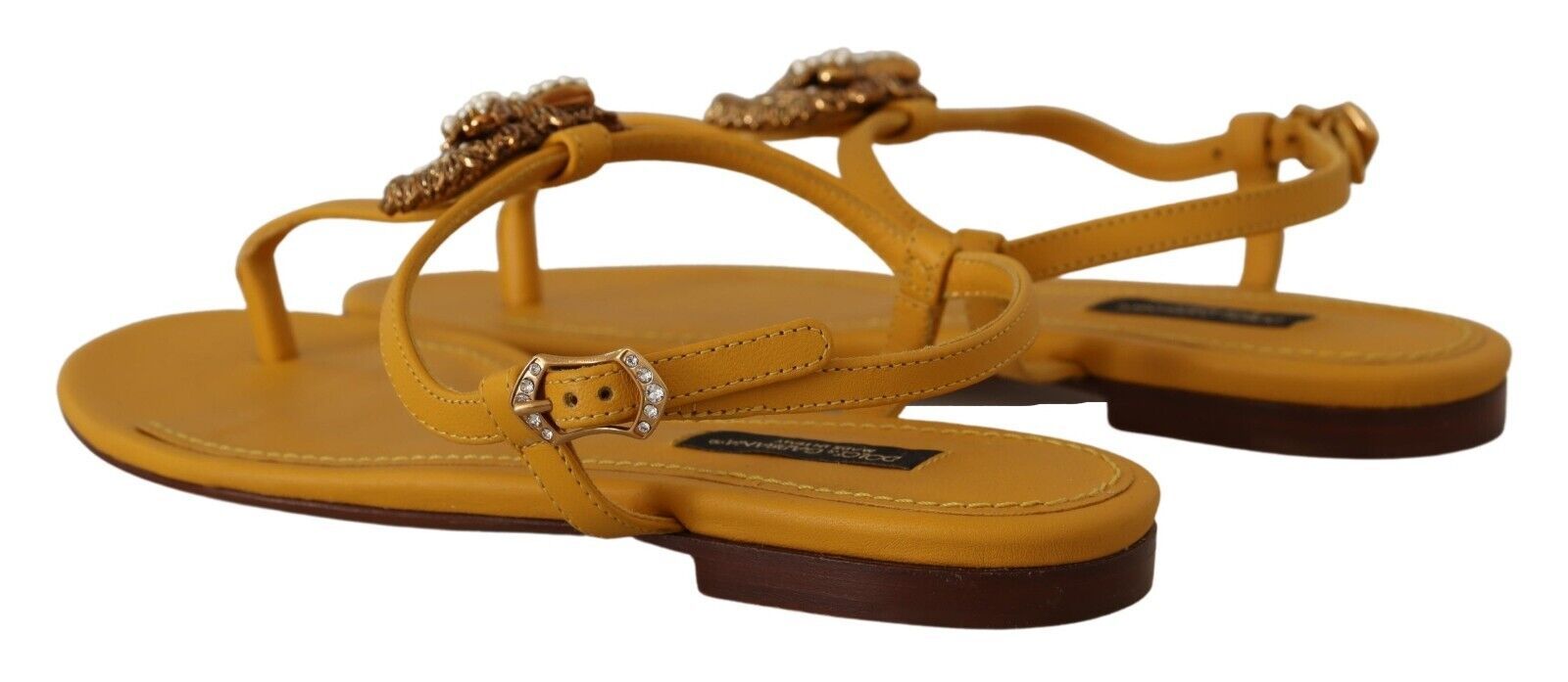 Buy Mustard T-Strap Flat Sandals with Heart Embellishment by Dolce & Gabbana