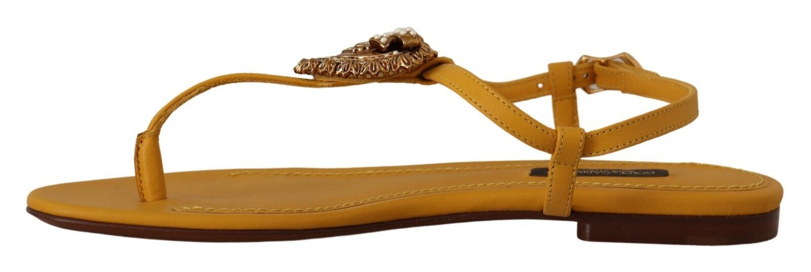 Buy Mustard T-Strap Flat Sandals with Heart Embellishment by Dolce & Gabbana