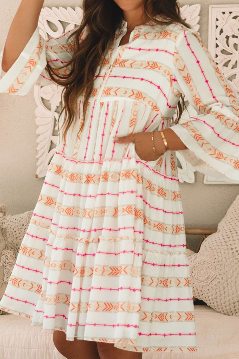 Buy Printed Ruffled Notched Loose Dress by Faz